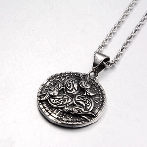 Vintage Viking crow medallion necklace in stainless steel with braided rope chain