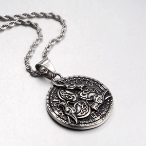 Retro Viking Fenrir wolf pendant necklace with runes in vintage silver finish steel