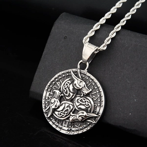 Retro Viking crow pendant necklace in stainless steel with runic embossed circular charm