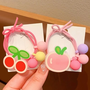 Lot de deux élastiques à cheveux mignons aux motifs fruits avec cerise et pêche sur rose