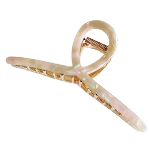 Large acetate hair claw clip in pearlescent cream white with gold metal spring for women