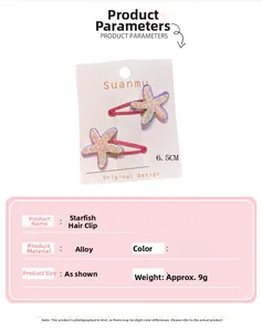 Detailed view of colorful glitter starfish hair clips with size and weight specs
