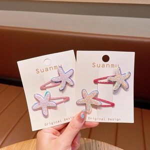 Cute colorful sequined starfish hair clips for girls on a premium white display card