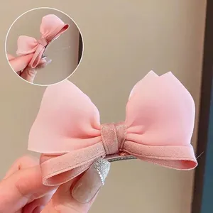 Pink double-layer bow hair clips for girls with rhinestone centerpiece and silver metal clip