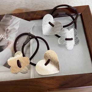Korean Style Brushed Metal Heart Flower Star Hair Ring For Women Fashionable High Elastic Hair Tie Accessories