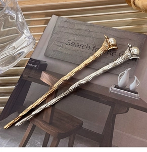Vintage Alloy Flower Artificial Pearl Hair Stick Retro Branch Texture Hairpin Metal Chignon Pin For Women Wedding Hair Jewelry