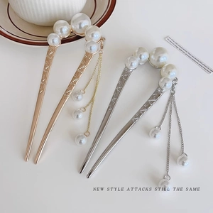 Elegant Alloy Faux Artificial Pearl Tassel U-Shaped Hair Stick Vintage Engraved Hair Pin Hair Accessories For Wedding Party Women