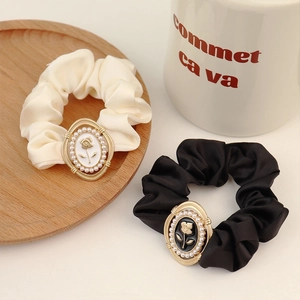 French Retro Satin Scrunchie With Rose Relief Artificial Pearl Alloy Embellishment Elegant Pleated Hair Accessories For Women