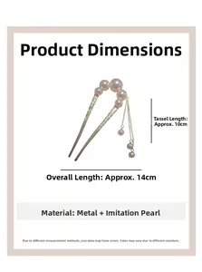 Detail showing the U-shaped hair pin dimensions with pearl tassels and silver finish