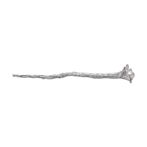 Vintage silver metal flower hair pin with branch texture and elegant white pearl detail