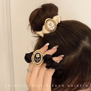 French vintage satin scrunchie with a retro rose pearl metal charm for hair buns