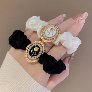 French vintage satin hair scrunchies with elegant rose and pearl metal charms