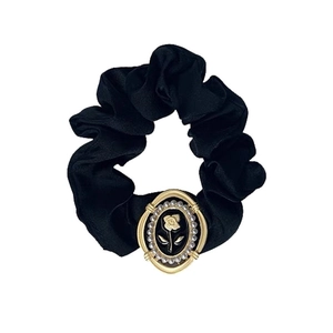 French vintage black satin scrunchie with a gold rose relief and pearl embellishment