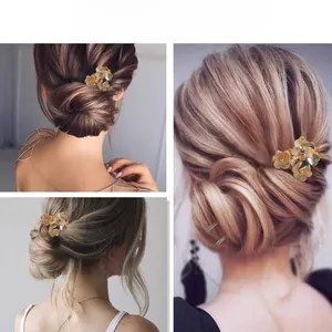 Detailed view of golden floral hair sticks used for various bun styles on dark hair