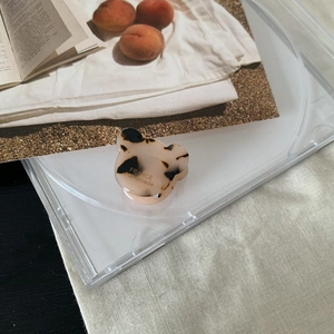 Close-up of tortoise shell bear hair claw clip on CD case with French magazine aesthetic