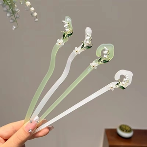 Vintage Chinese Style Lily Of The Valley Hair Stick Acrylic Resin Faux Jade Tassel Hairpin Hanfu Hair Accessories For Women