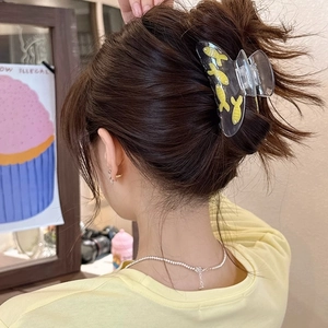 Blue acetate hair claw clip with yellow fish pattern for sweet and elegant hairstyles