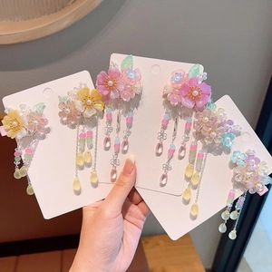 Chinese Hanfu hair clips with resin flowers, pearls and long tassels for girls