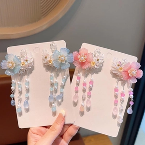 Chinese style floral hair clips with pearls and long tassels for Hanfu accessories