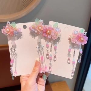 Ancient Chinese Style Floral Tassel Hair Clip For Kids Girls Hanfu Costume Flower Faux Artificial Pearl Resin Hair Accessory