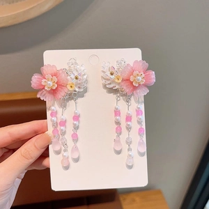 Detail of pink floral hair clip with flowing pearls and long tassels for Hanfu outfits