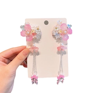 Pink Hanfu flower hair clips with long tassels and pearls for girls in traditional style