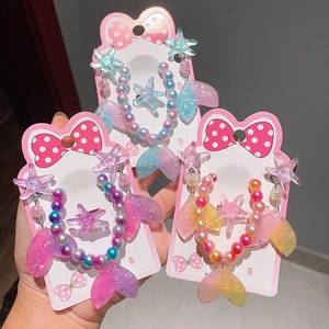Mädchen Meerjungfrau Fischschwanz Seestern Schmuck Halskette Armband Ohrringe Herz Ring Irisierende Harz Perlen Zubehör Geburtstag Geschenk Für Kinder