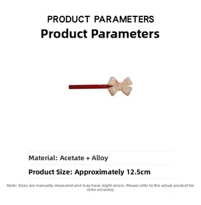 Detail showing acetate bow clip dimensions with 12.5cm length and material info