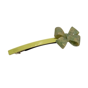 Elegant green acetate bow hair clip with marble texture and silver metal spring buckle