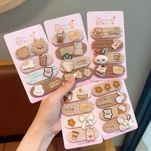 Kids Cartoon Animal Flower Hairpins Collection Fabric Embroidery Bow Hair Clips Artificial Pearl Milk Coffee Hair Accessories