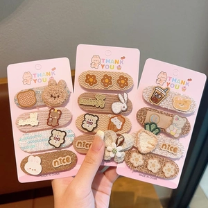 Set of cute cream coffee colored plush hair clips with embroidered cartoon animals for girls