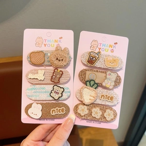 Cute milk coffee hair clips set with bunny bear embroidery and velcro for girls styling