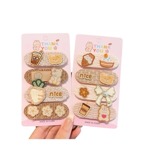 Cute coffee-toned hair clip set for girls with bear and floral embroidery designs