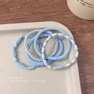 Detailed macro view of four pastel blue and lilac braided elastic hair ties in a tray
