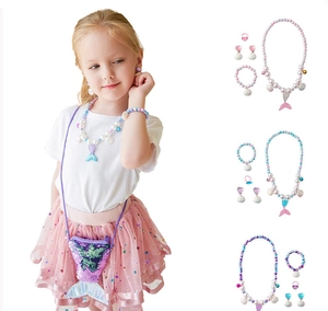 Detail view of mermaid tail necklace and shell bracelet jewelry set for girls