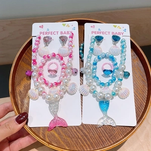 Kids Mermaid Tail Shell Jewelry Set Artificial Pearl Necklace Bracelet Heart Ring Ear Clips For Little Girls Birthday Party Gift