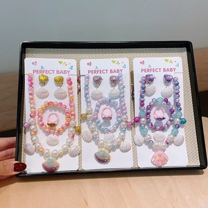 Princess mermaid tail jewelry set with colorful pearls and shell pendants for girls
