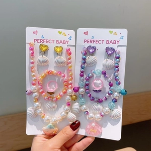 Kids mermaid shell pearl necklace and bracelet set in pink and purple pearlescent hues