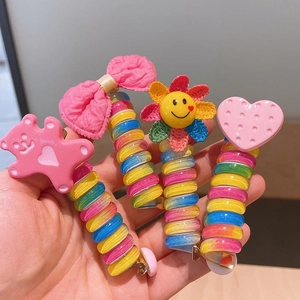 Colorful Spiral Telephone Line Hair Ties For Kids Rainbow Plastic Resin Elastic Hair Bands Cartoon Bear Sunflower Charms
