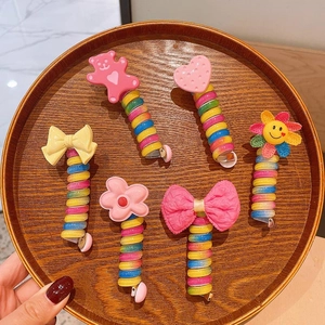 Colorful spiral telephone wire hair ties with cute cartoon flower and bear charms