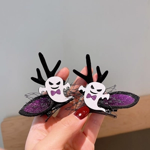 Halloween hair clips set with ghost, black antlers, and purple bat wings for girls