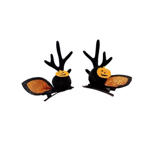 Halloween reindeer horn hair clips with orange pumpkin face and black fuzzy ball decor