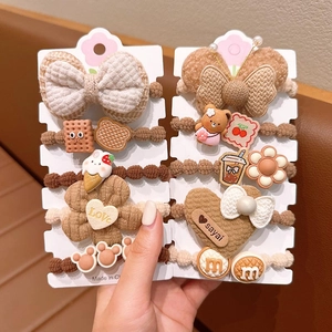 Cute coffee-toned flower hair ties set with knit bows and plush bears for girls