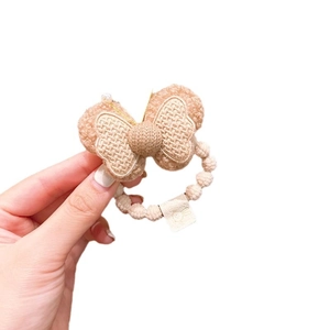 Cute milk coffee plush bow hair tie with bunny tag for girls high elastic ponytail holder
