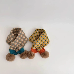 Thick knitted winter scarf for kids featuring floral patterns and soft plush balls
