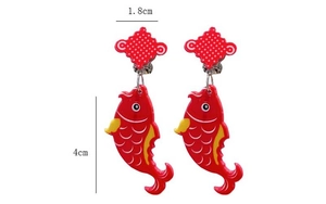 Detail of red koi fish earrings with dimensions showing 4cm length and 1.8cm width