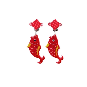 Red koi fish ear clips for girls with festive Chinese knot pattern and acrylic pendants