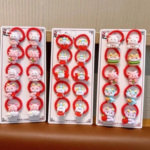 Red high-elastic hair tie set with cute cartoon dragon resin charms for kids