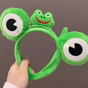 Bandeau grenouille mignon en peluche verte avec grands yeux pour le soin du visage