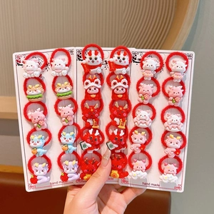 Kids Chinese New Year red high elastic hair ties set with cartoon dragon festive charms